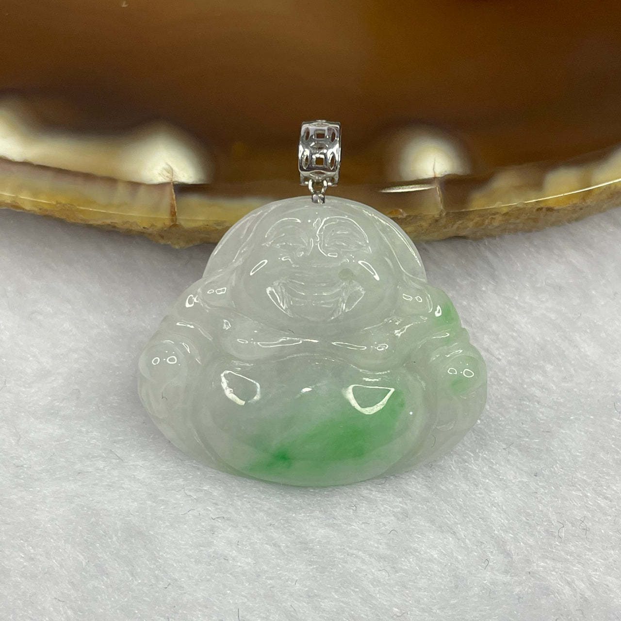 Type A Spicy Green Piao Hua Jade Jadeite Milo Buddha with 18K Gold Clasp -  3.52g 21.5 by 25.8 by 4.5mm - Huangs Jadeite and Jewelry Pte Ltd