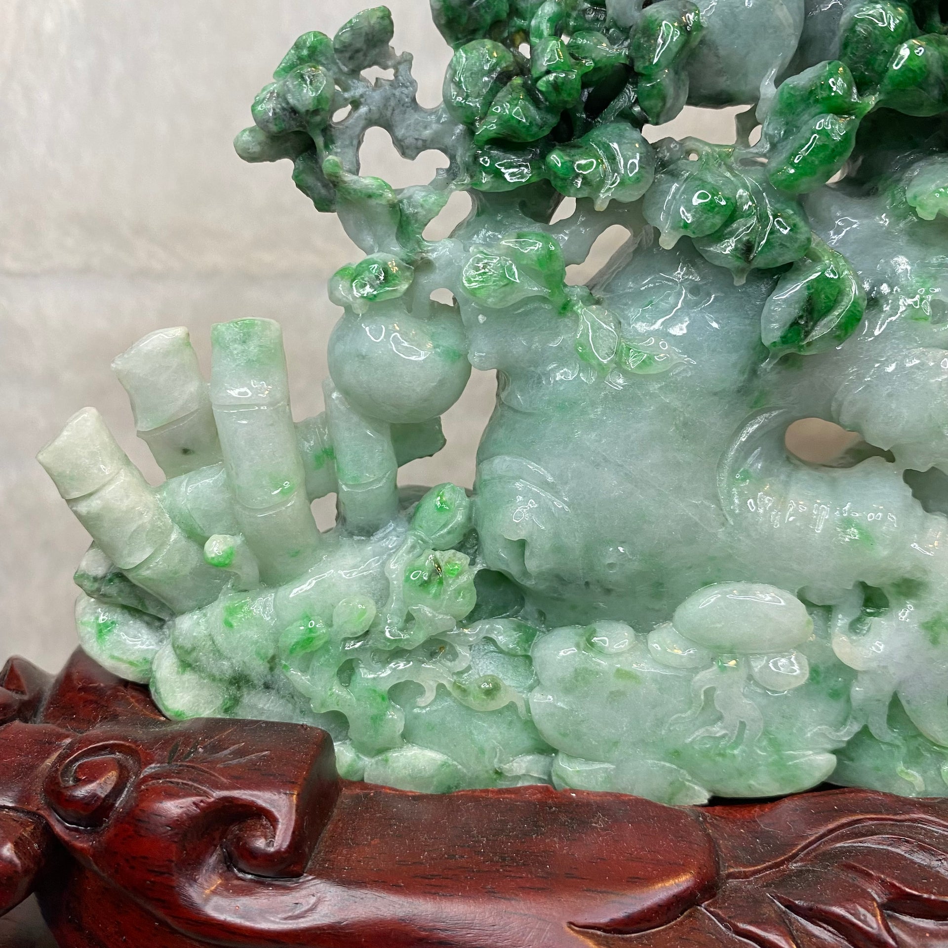 Type A 3 Green with Spicy Green Jadeite Hua Kai Fu Gui (prosperity & Happiness) Display 1260g 24.0 by 2.8 by 16.0cm with wooden stand 2935g 31.0 by 10.0 by 28.0cm - Huangs Jadeite and Jewelry Pte Ltd