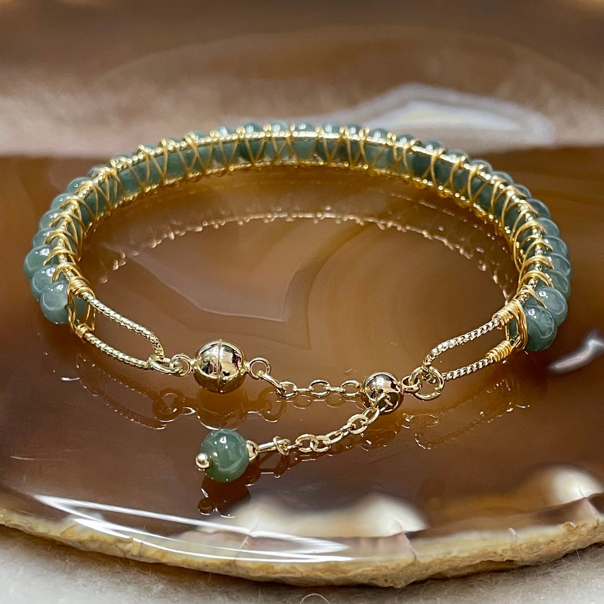 Type A Blueish Green Jade Jadeite 14k gold filled bracelet 11.92g Thickness: 7.3 by 7.0mm - Huangs Jadeite and Jewelry Pte Ltd