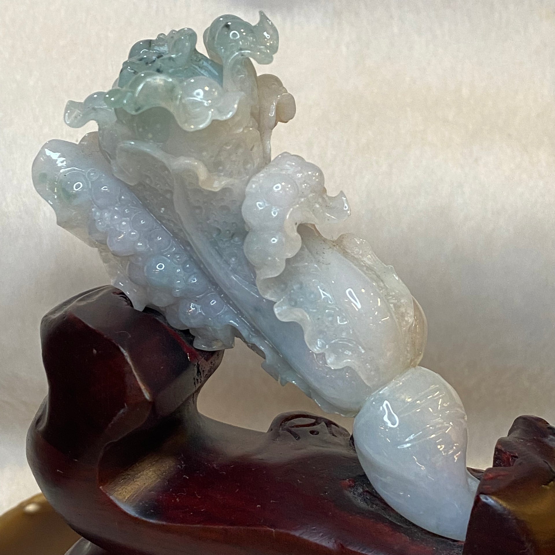 Rare Jelly Semi ICY Cabbage Bao Cai for Wealth 181.5g 112.0 by 61.7 by 31.0mm with wooden stand total 606.3g 150.6 by 127.0 by 80.5mm - Huangs Jadeite and Jewelry Pte Ltd