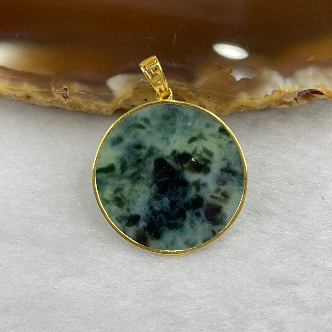 Type A Spicy Green Jadeite Wu Shi Pai Pendant with 18k Gold Setting - 2.00g 20 by 20 by 2mm - Huangs Jadeite and Jewelry Pte Ltd