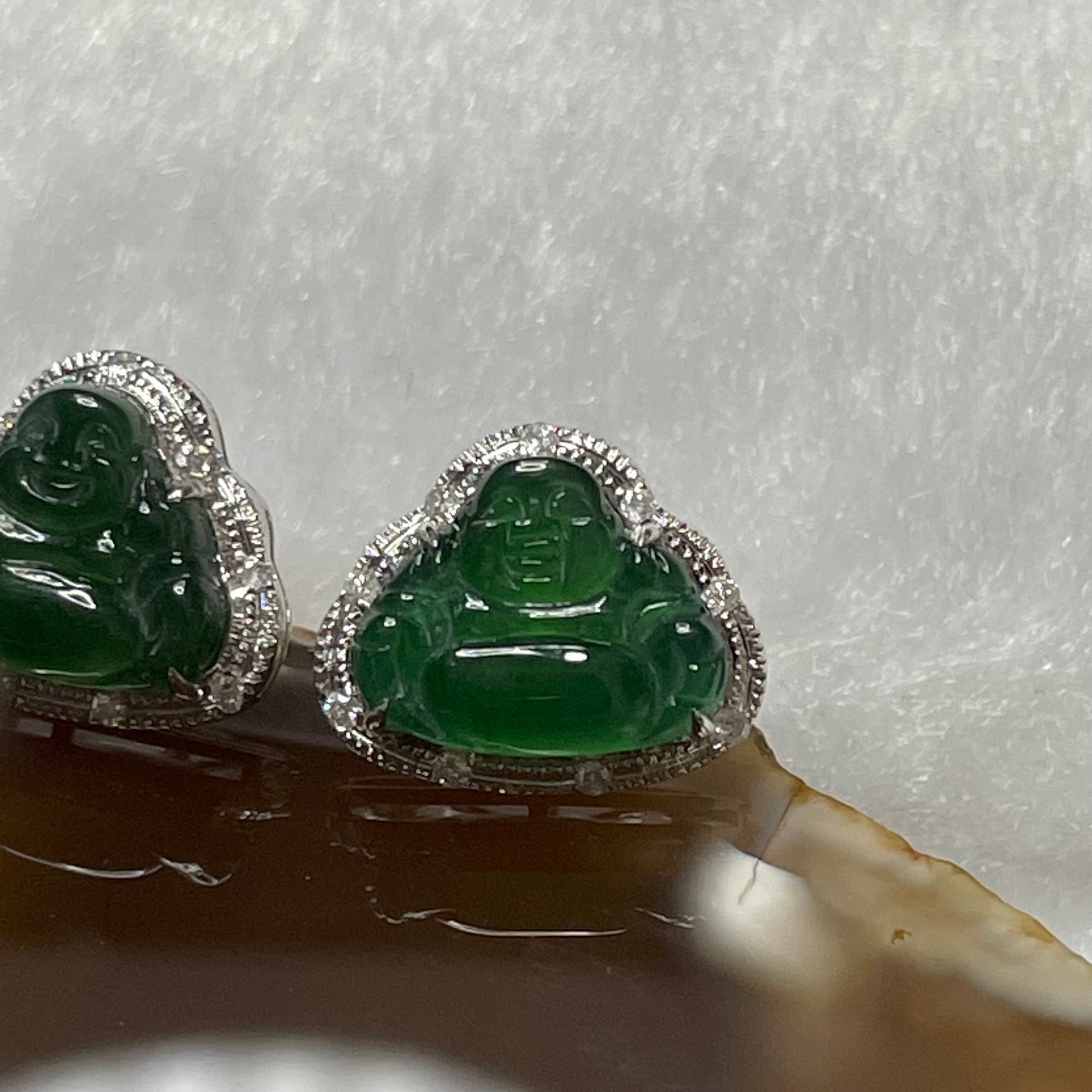 Type A Full Green Jade Jadeite Milo Buddha Earrings 18k White Gold Studs 2.53g 10.7 by 12.9 by 4.5mm - Huangs Jadeite and Jewelry Pte Ltd