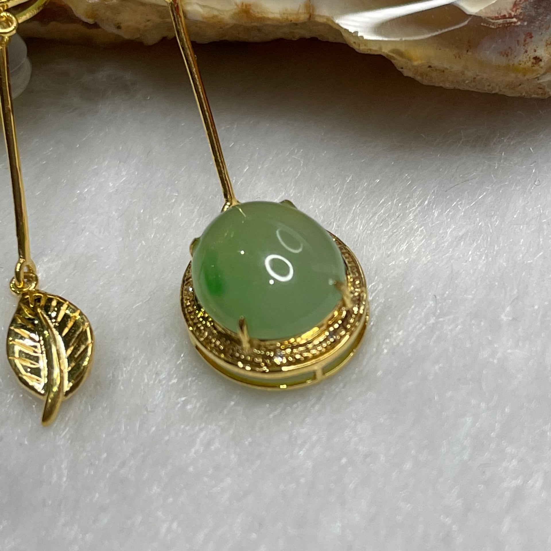 Type A Icy Green Jade Jadeite Earrings 18k Yellow Gold 3.43g 37.7 by 10.7 by 7.1mm - Huangs Jadeite and Jewelry Pte Ltd