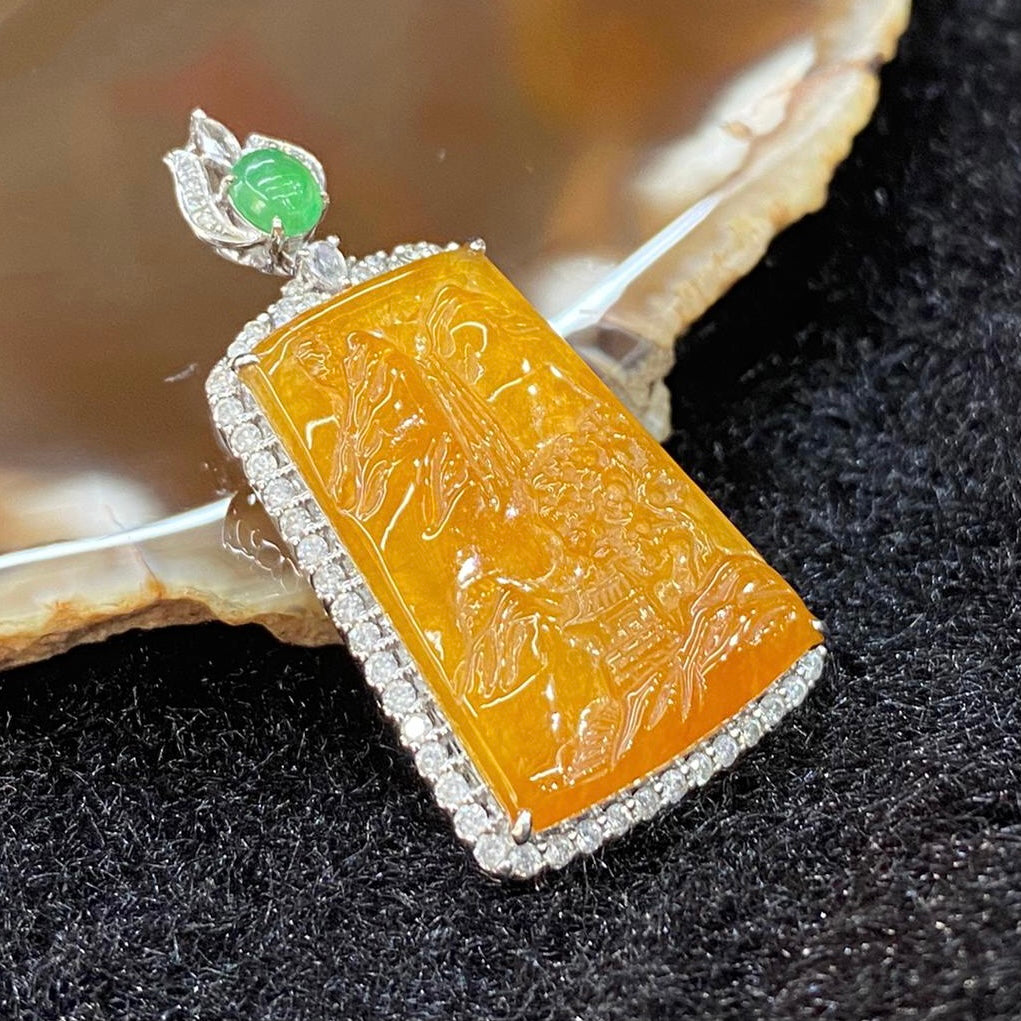 Type A Burmese Icy Yellow Jade Jadeite Scenic Piece Shan Shui 18k gold & diamonds - 6.46g 36.1 by 18.8 by 6.8mm - Huangs Jadeite and Jewelry Pte Ltd