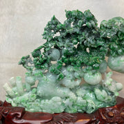 Type A 3 Green with Spicy Green Jadeite Hua Kai Fu Gui (prosperity & Happiness) Display 1260g 24.0 by 2.8 by 16.0cm with wooden stand 2935g 31.0 by 10.0 by 28.0cm - Huangs Jadeite and Jewelry Pte Ltd