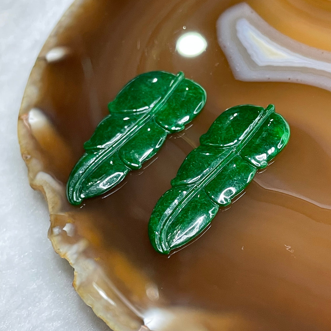 Type A Full Green Jade Jadeite Pair of Leaf for setting 5.58g 39.2 by 19.6 by 2.2mm - Huangs Jadeite and Jewelry Pte Ltd