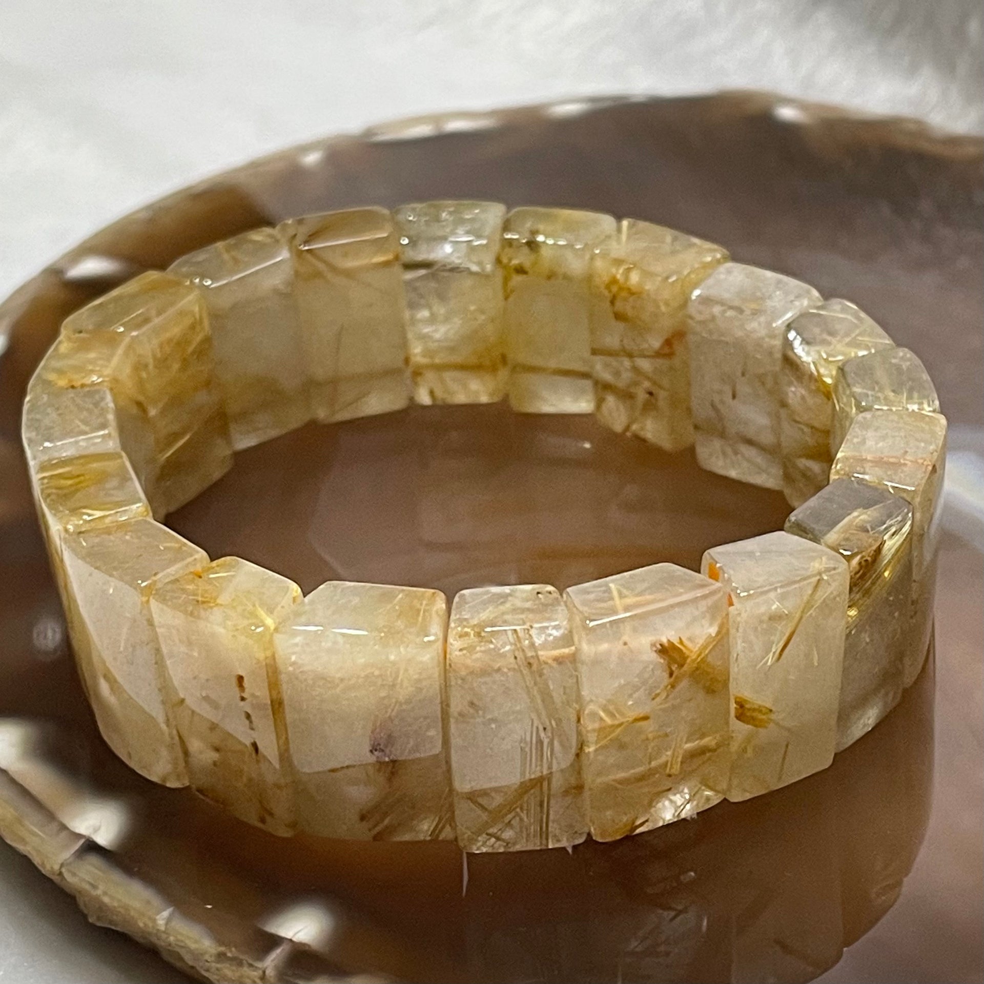 Natural Golden Rutilated Quartz Bracelet 手牌 - 65.93g 18.6 by 7.6mm/piece 20 pieces - Huangs Jadeite and Jewelry Pte Ltd