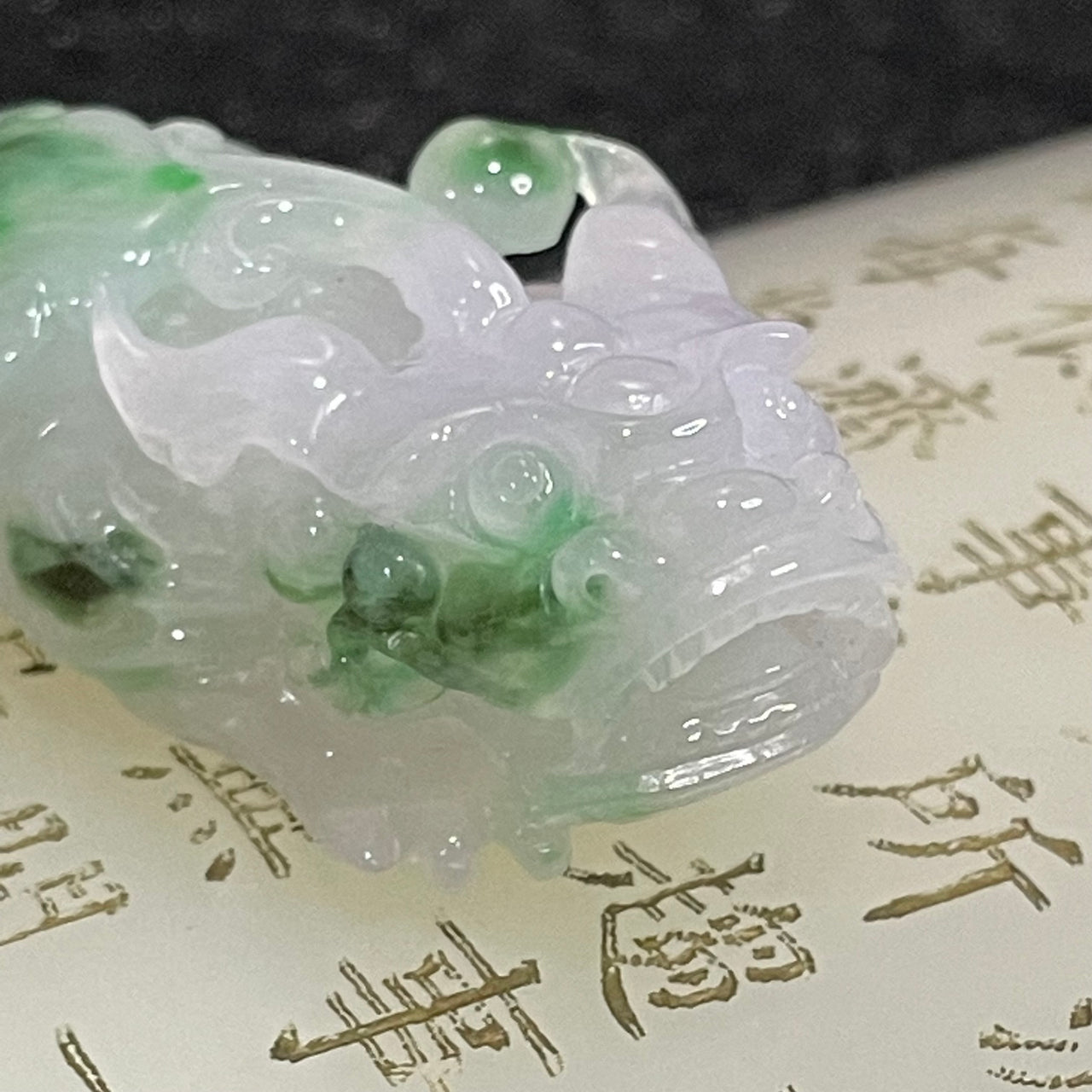 Type A Icy Pixiu with Spicy Green Patches Jade Jadeite - 17.63g 36.2 by 19.1 by 13.6mm - Huangs Jadeite and Jewelry Pte Ltd