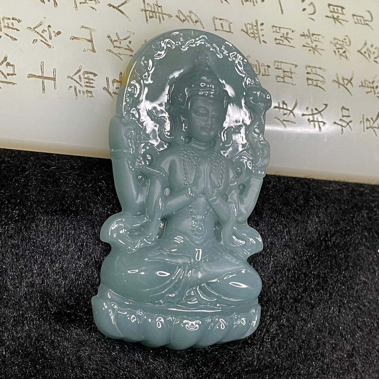 Type A Blueish Green Jade Jadeite Thousand Hands Guan Yin Pendant - 40.47g 70.6 by 39.6 by 9.6mm - Huangs Jadeite and Jewelry Pte Ltd