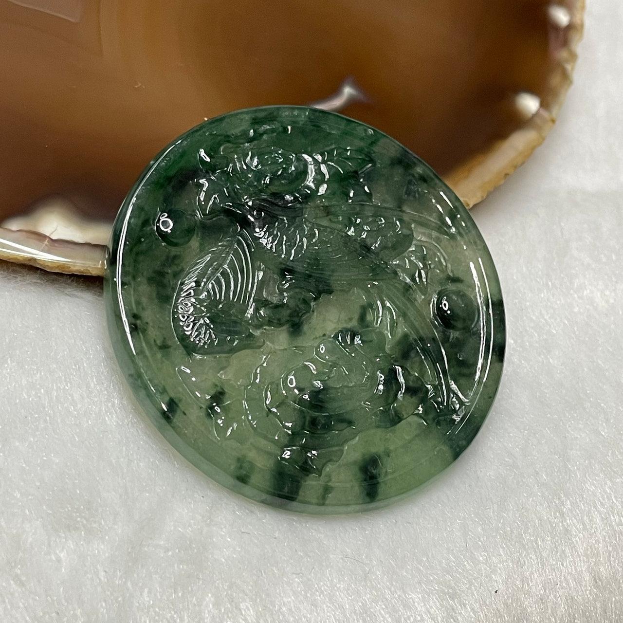 Type A Semi Icy Green Piao Hua Jade Jadeite Magpie 22.6g 51.8 by 51.8 by 4.0mm - Huangs Jadeite and Jewelry Pte Ltd