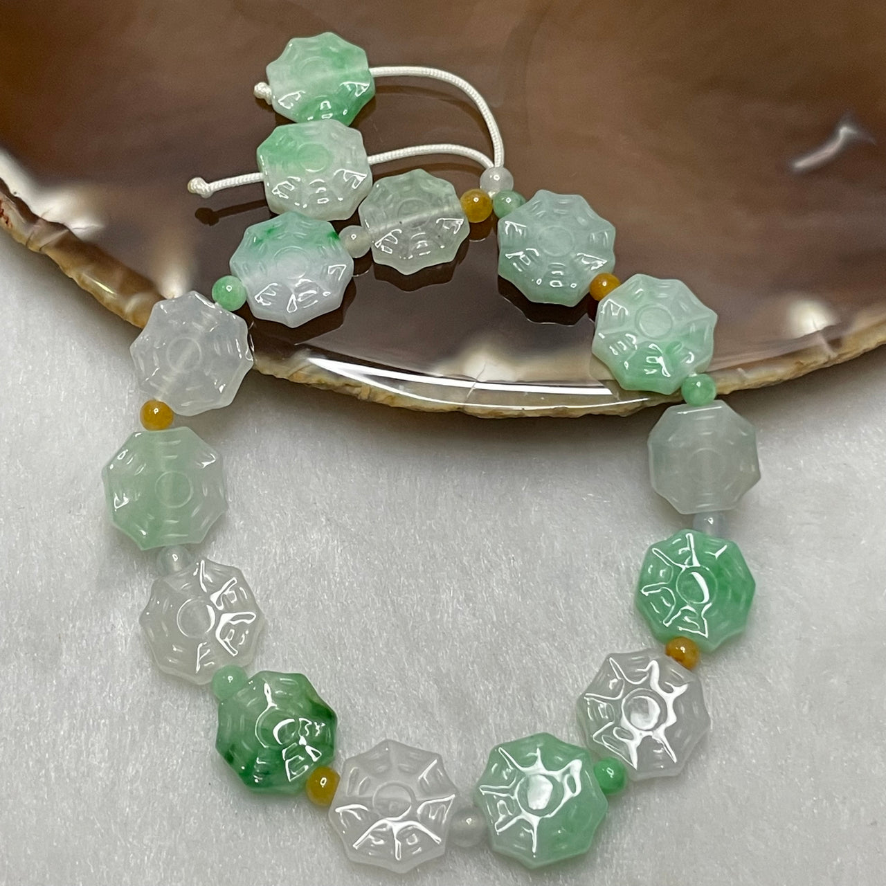 Type A Green & Yellow Jade Jadeite Bagua Bracelet 17.36g 11.4mm/piece 15 pieces 11.4 by 3.6mm - Huangs Jadeite and Jewelry Pte Ltd