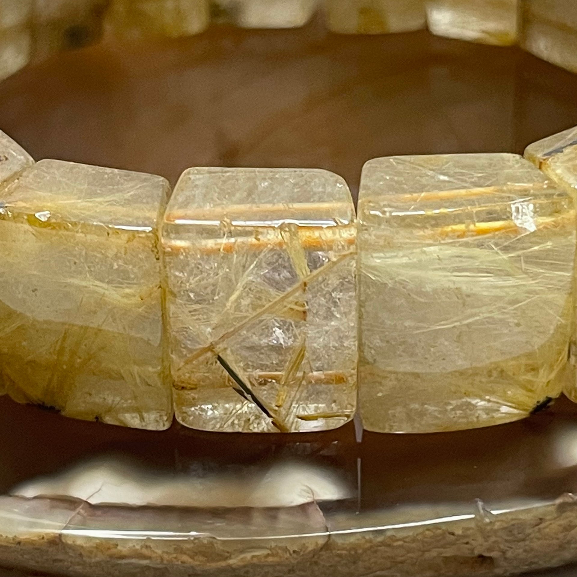 Natural Golden Rutilated Quartz Bracelet 手牌 - 69.55g 18.6 by 14.8 by 9.0mm/piece 19 pieces - Huangs Jadeite and Jewelry Pte Ltd