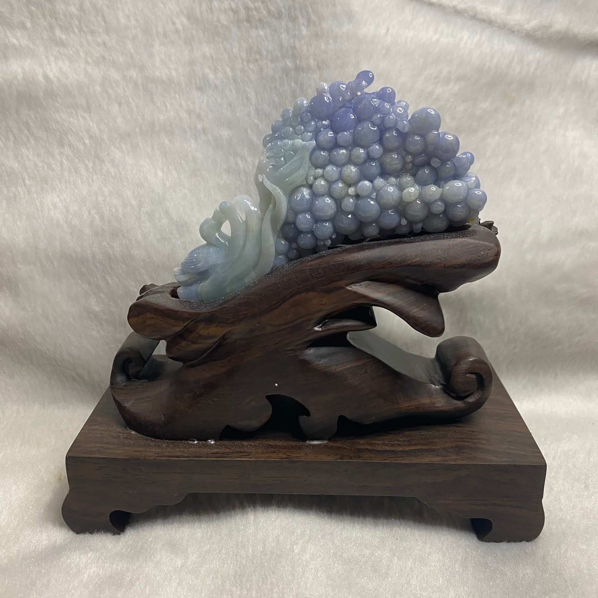 Rare Type A Deep Blueish Lavender Grapes & Duck 152.3G 44.2 by 23.6 by 10.8mm with wooden stand total 730.2g 168.4 by 78.8 by 153.0mm - Huangs Jadeite and Jewelry Pte Ltd