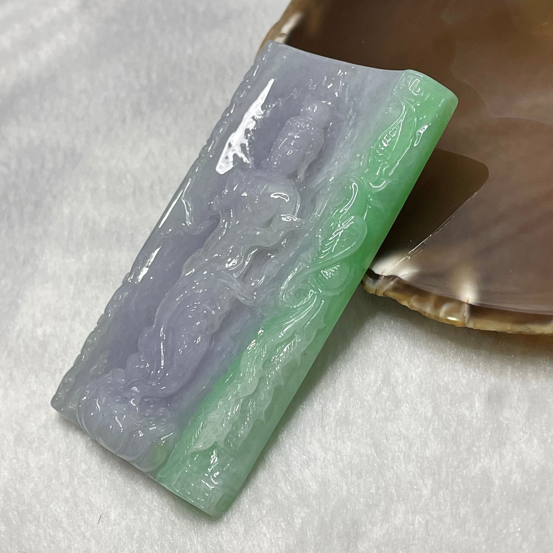 Type A Faint Lavender & Green Jade Jadeite Guan Yin Pendant - 81.05g 83.2 by 48.0 by 9.0mm - Huangs Jadeite and Jewelry Pte Ltd