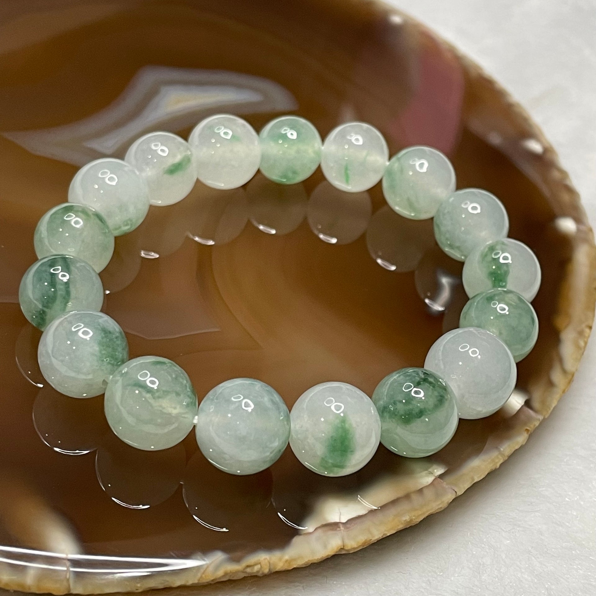 Type A Semi Icy Piao Hua Jade Jadeite Bracelet 40.74g 12.1mm/bead 17 beads - Huangs Jadeite and Jewelry Pte Ltd