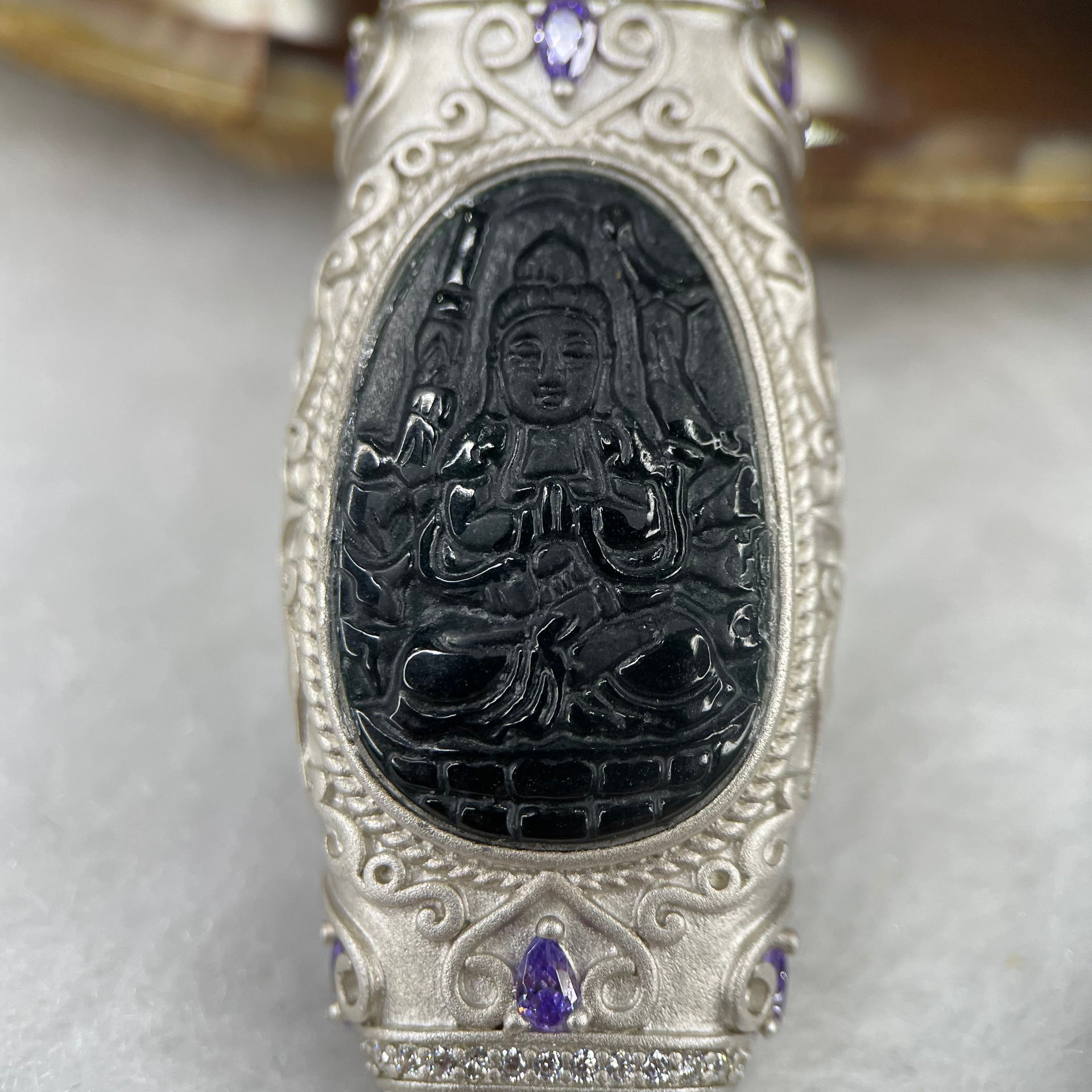 Type A Black Jade Jadeite Thousand Hand Guan Yin With 925 Silver Setting 13.15g 58.2 by 19.3 by 9.1mm - Huangs Jadeite and Jewelry Pte Ltd