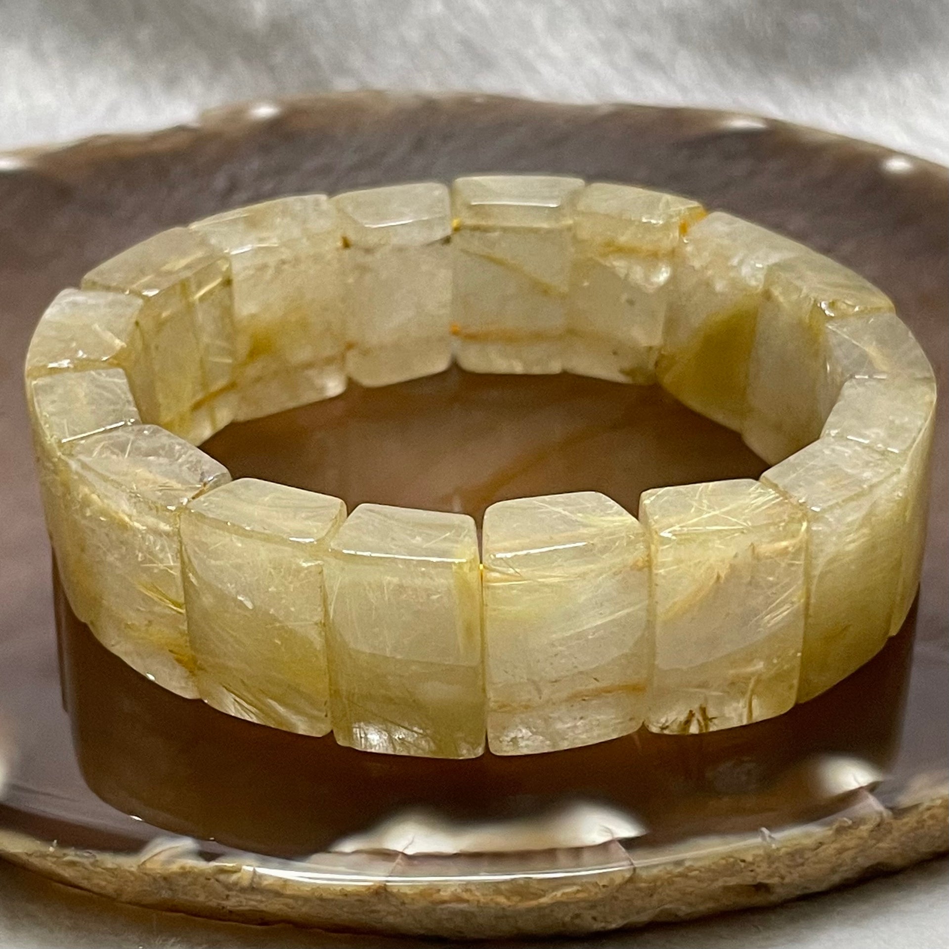 Natural Golden Rutilated Quartz Bracelet 手牌 - 73.68g 18.6 by 8.8mm/piece 17 pieces - Huangs Jadeite and Jewelry Pte Ltd