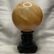 Natural Citrine Crystal Ball Display with Wooden Stand - 6555g Dimensions with Stand: 253.9 by 242.5 by 165.9mm Crystal Ball Dimensions: 139.2 by 139.2mm - Huangs Jadeite and Jewelry Pte Ltd