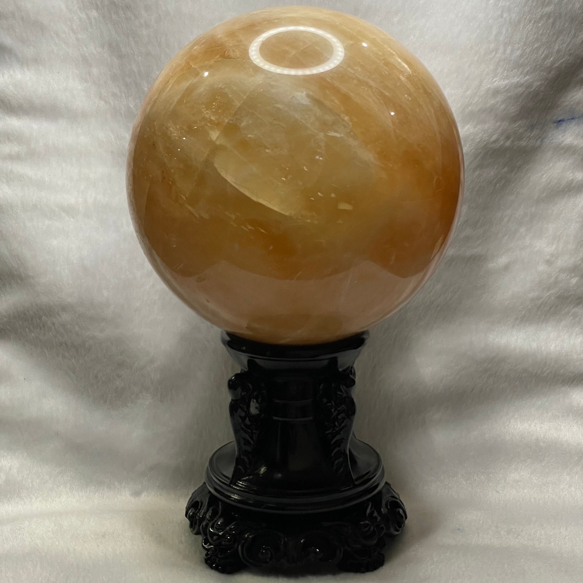 Natural Citrine Crystal Ball Display with Wooden Stand - 6555g Dimensions with Stand: 253.9 by 242.5 by 165.9mm Crystal Ball Dimensions: 139.2 by 139.2mm - Huangs Jadeite and Jewelry Pte Ltd