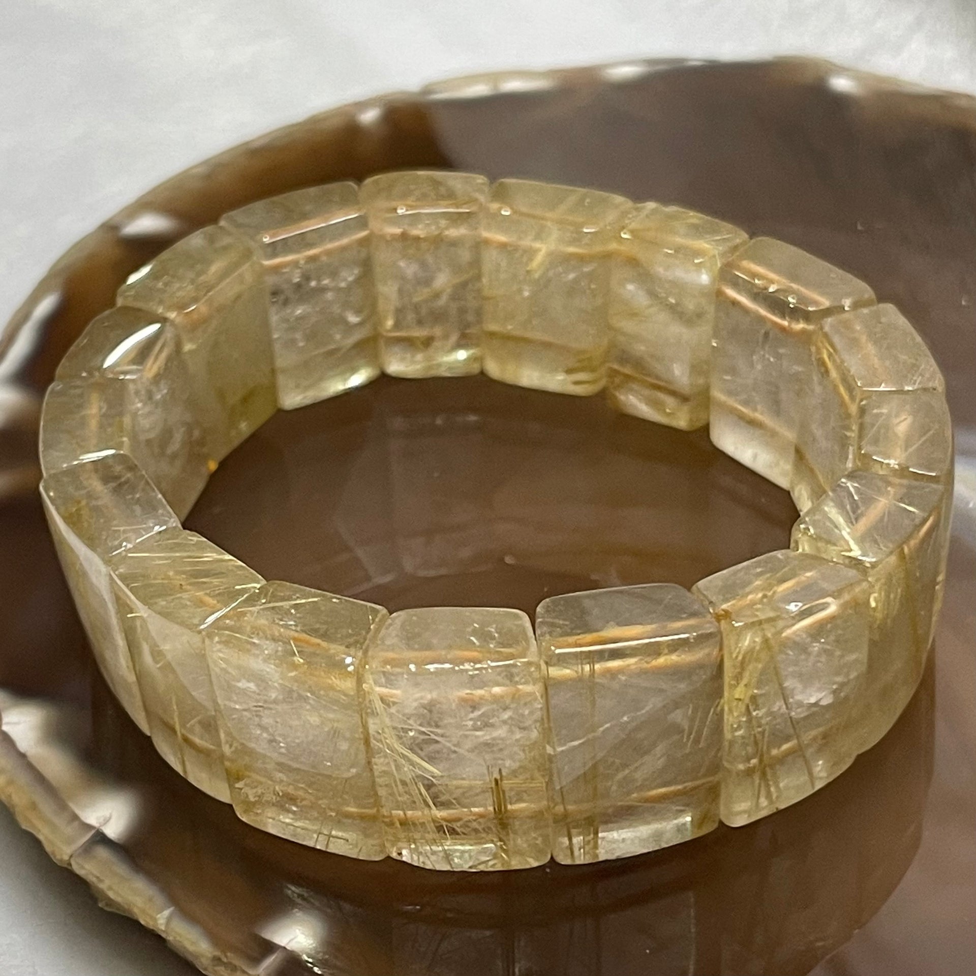 Natural Golden Rutilated Quartz Bracelet 手牌 - 72.23g 18.5 by 7.6mm/piece 17 pieces - Huangs Jadeite and Jewelry Pte Ltd