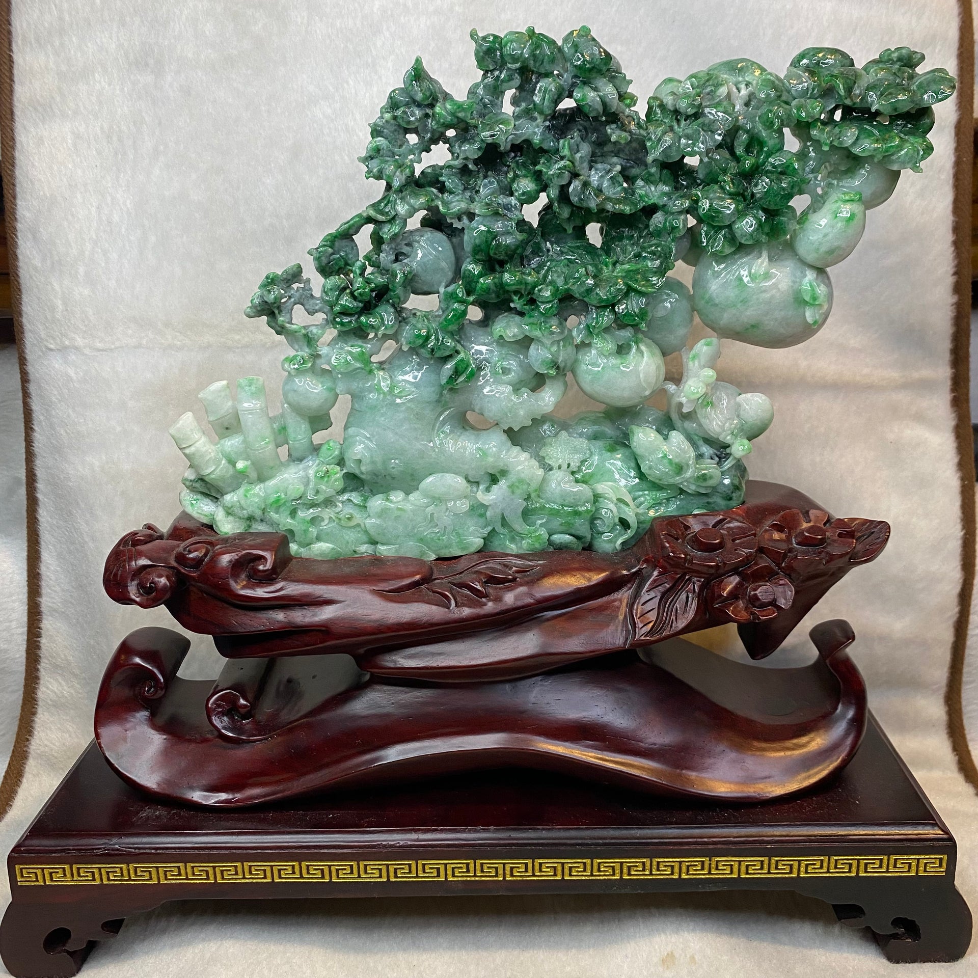 Type A 3 Green with Spicy Green Jadeite Hua Kai Fu Gui (prosperity & Happiness) Display 1260g 24.0 by 2.8 by 16.0cm with wooden stand 2935g 31.0 by 10.0 by 28.0cm - Huangs Jadeite and Jewelry Pte Ltd