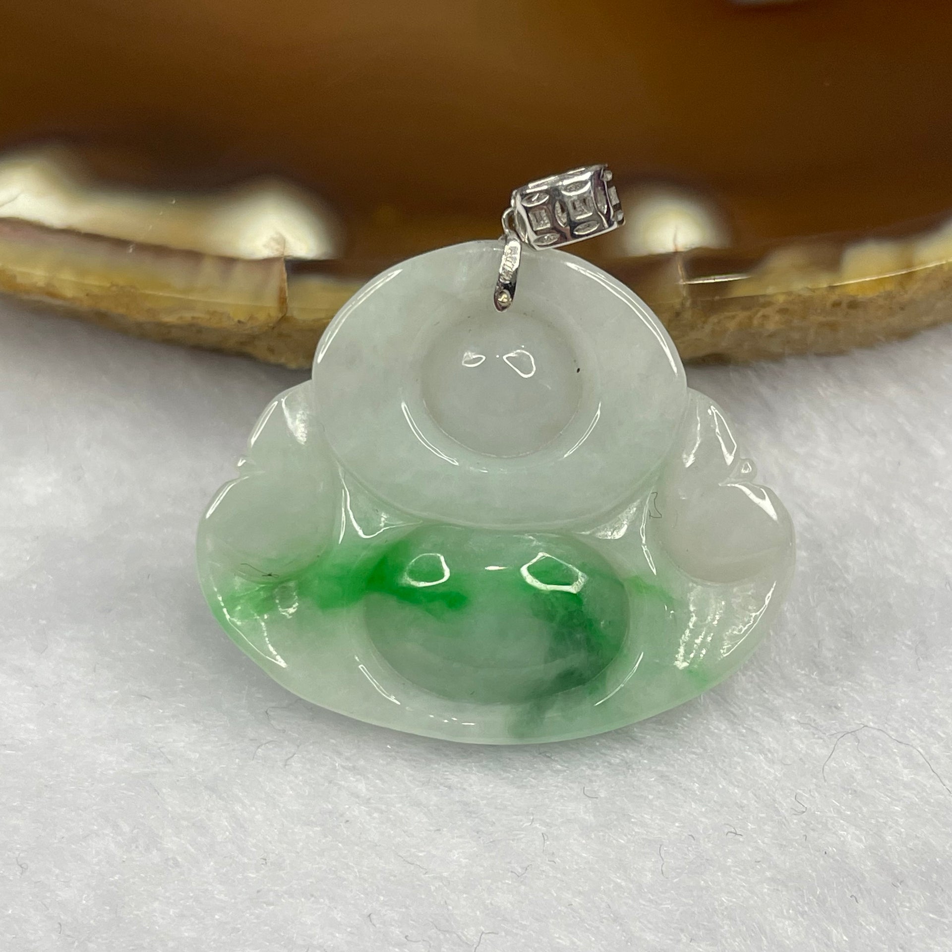 Type A Spicy Green Piao Hua Jade Jadeite Milo Buddha with 18K Gold Clasp -  6.11g 23.4 by 28.1 by 6.6mm - Huangs Jadeite and Jewelry Pte Ltd