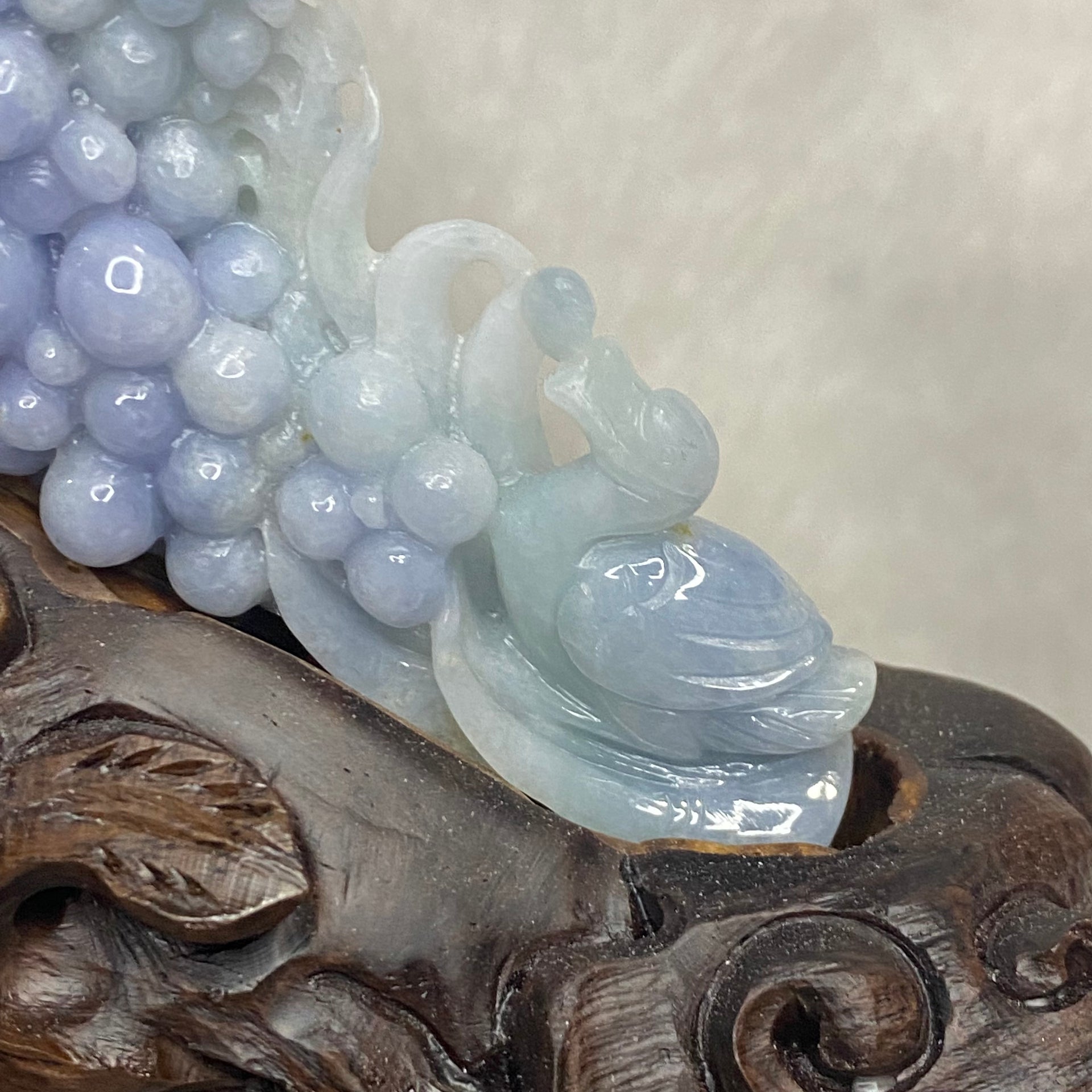 Rare Type A Deep Blueish Lavender Grapes & Duck 152.3G 44.2 by 23.6 by 10.8mm with wooden stand total 730.2g 168.4 by 78.8 by 153.0mm - Huangs Jadeite and Jewelry Pte Ltd