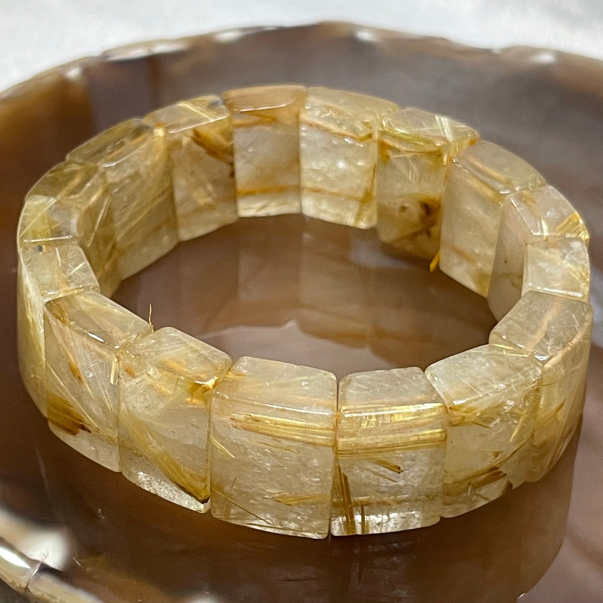 Natural Golden Rutilated Quartz Bracelet 手牌 - 72.80g 18.9 by 8.4mm/piece 17 pieces - Huangs Jadeite and Jewelry Pte Ltd