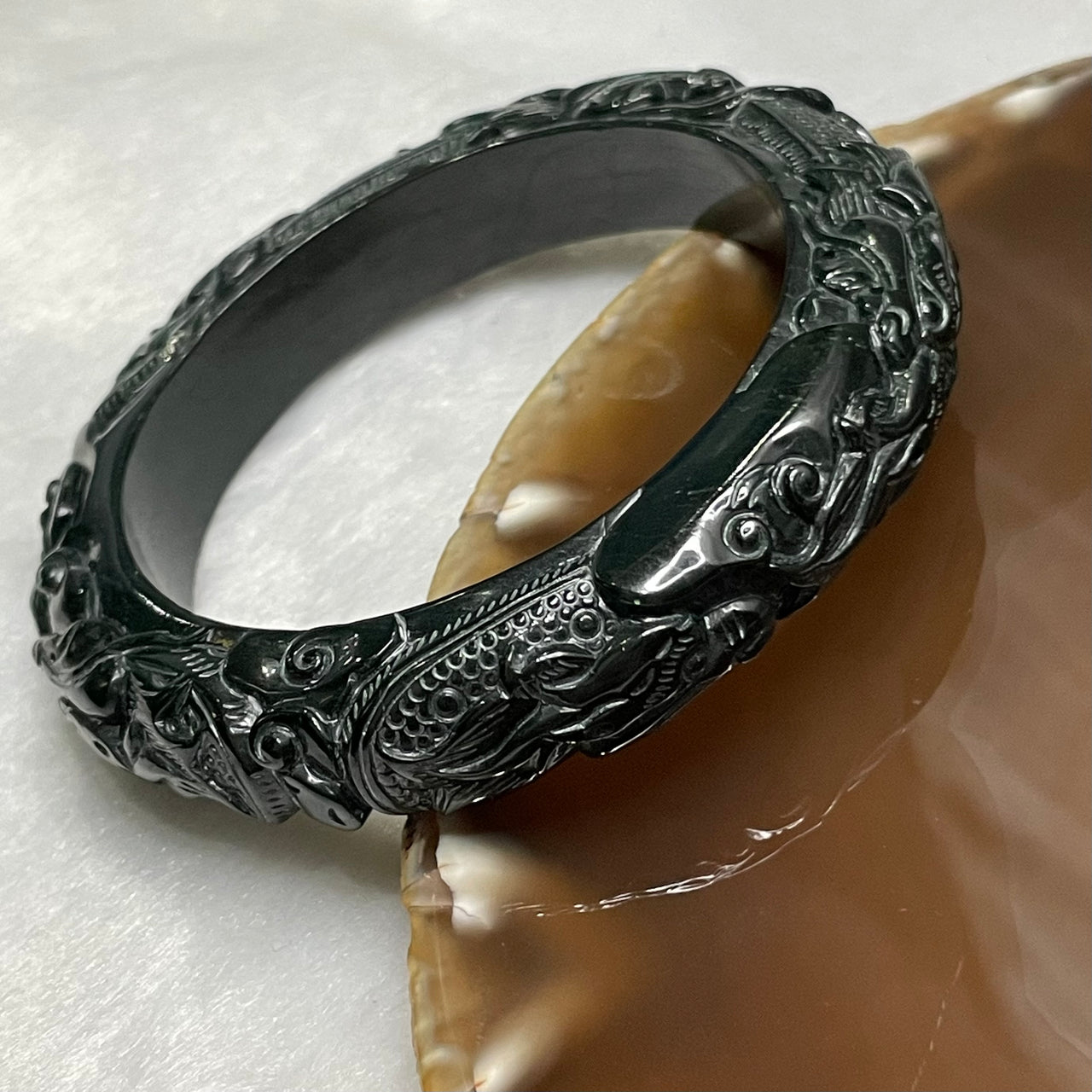 Type A Dark Green Jade Jadeite Dragon Tortoise Bangle - 79.64g Inner Diameter 58.2mm Thickness 12.7 by 11.4mm - Huangs Jadeite and Jewelry Pte Ltd