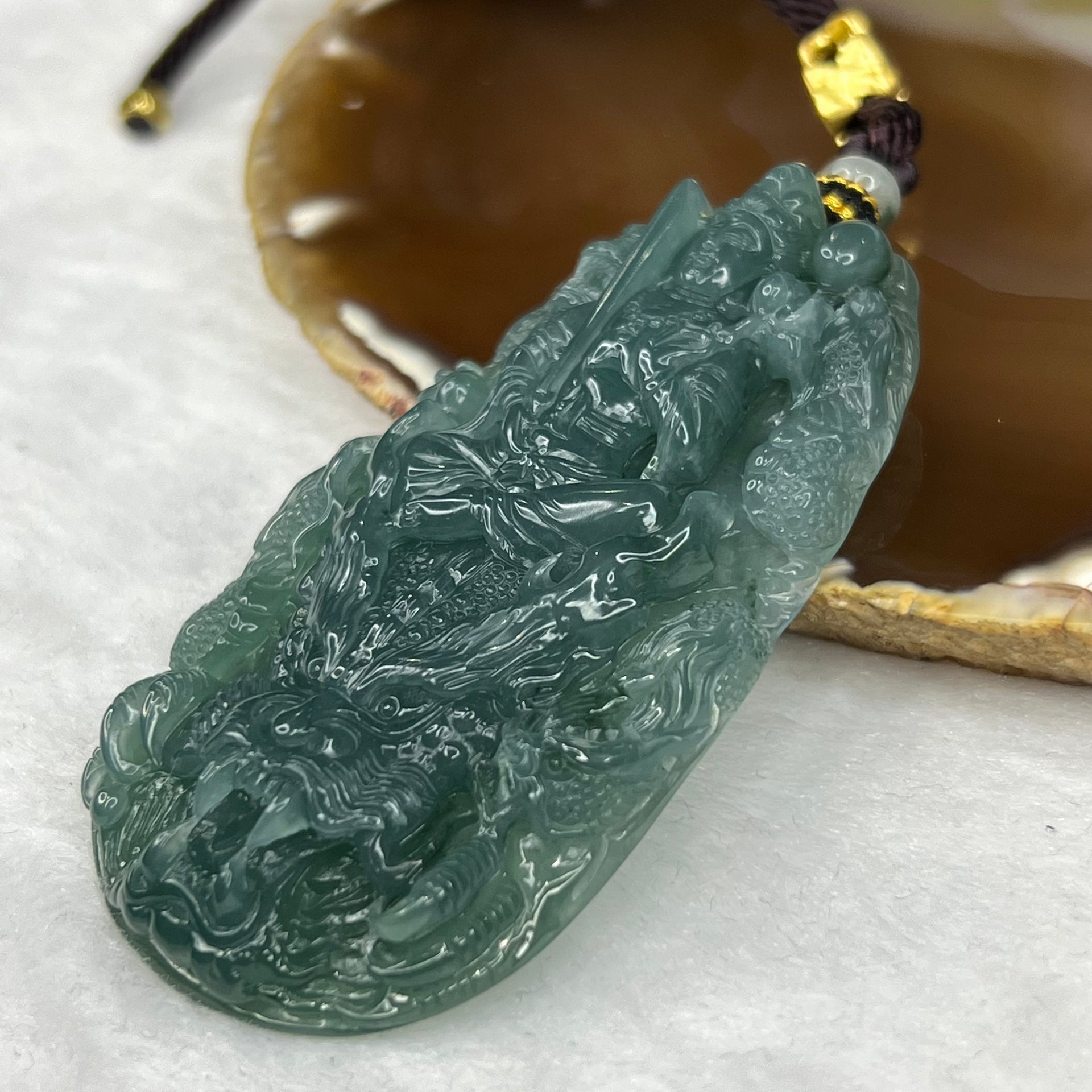 Grand Master Certified Type A Semi Icy Blueish Green Jade Jadeite Guan Yin with 9 Dragons Pendant 53.82g 73.0 by 39.0 by 10.0 mm - Huangs Jadeite and Jewelry Pte Ltd