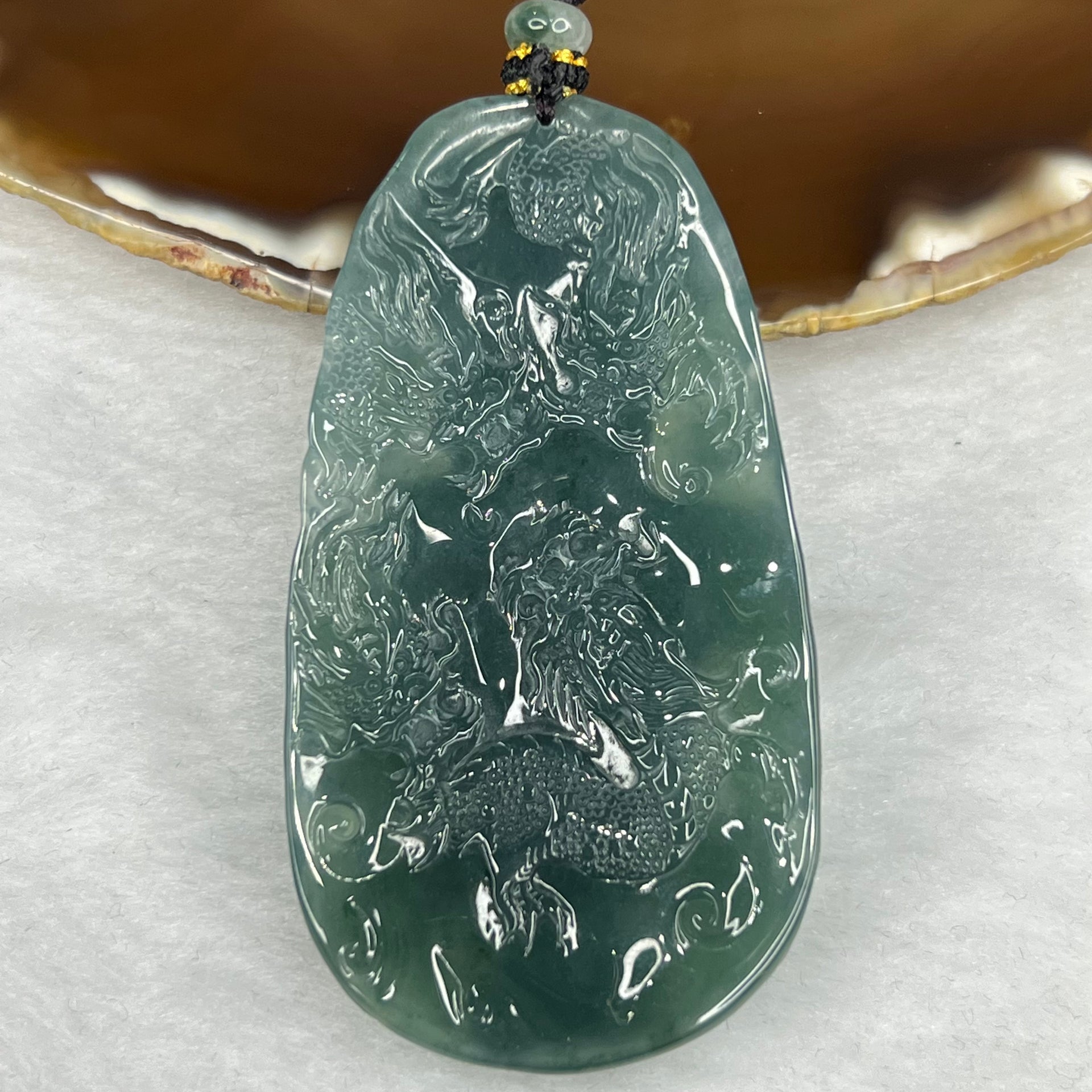 Grand Master Certified Type A Semi Icy Blueish Green Jade Jadeite Guan Yin with 9 Dragons Pendant 53.82g 73.0 by 39.0 by 10.0 mm - Huangs Jadeite and Jewelry Pte Ltd