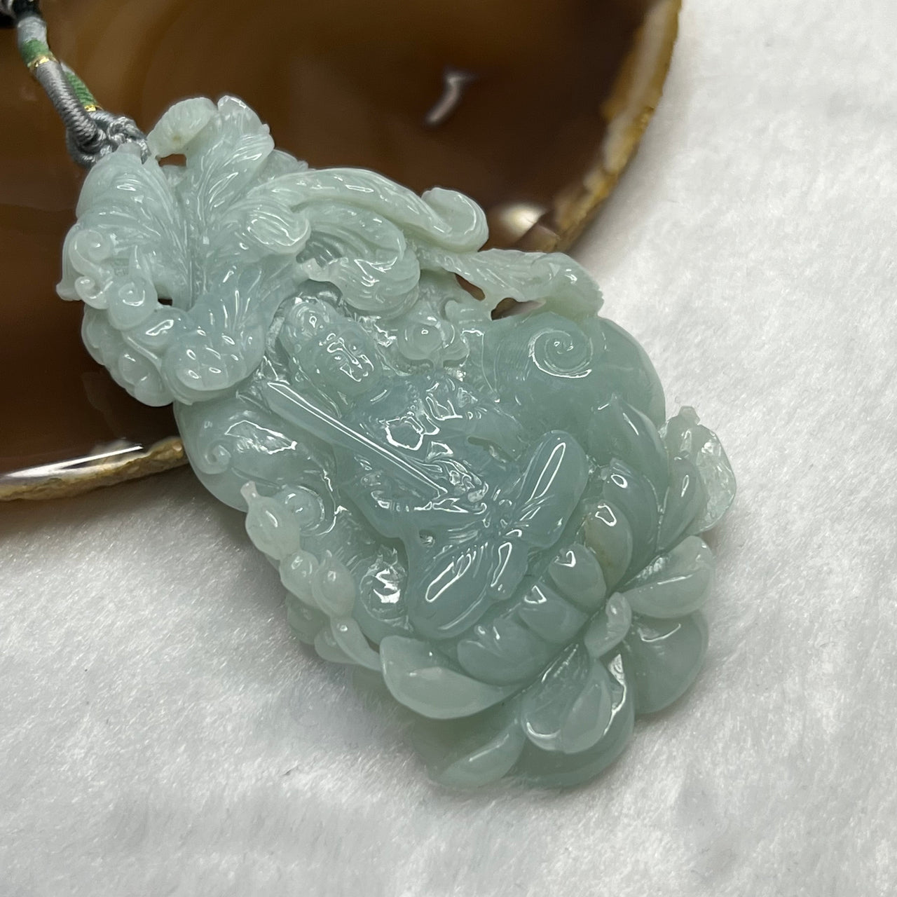 Type A Sky Blue Guan Yin and Phoenix Pendant 60.0g 77.6 by 45.2 by 9.9 mm - Huangs Jadeite and Jewelry Pte Ltd