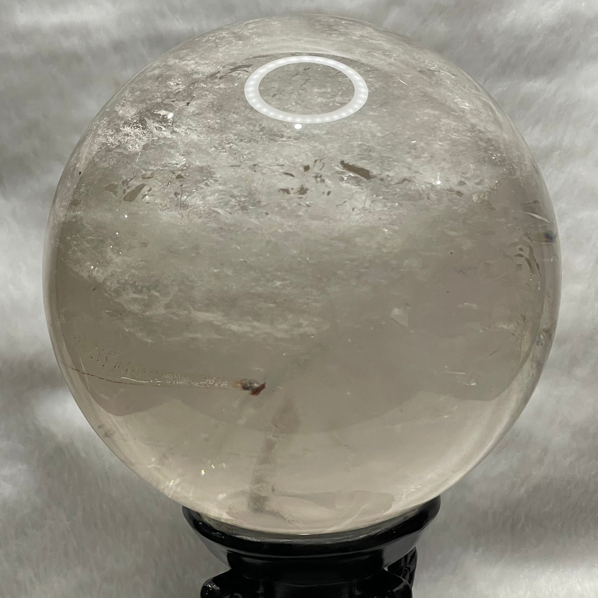 Natural Clear Quartz Crystal Ball Display with Wooden Stand - 2795g Dimensions with Stand: 212 by 204.2 by 136mm Crystal Ball Dimensions: 113.8 by 113.8mm - Huangs Jadeite and Jewelry Pte Ltd