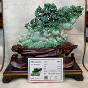 Type A 3 Green with Spicy Green Jadeite Hua Kai Fu Gui (prosperity & Happiness) Display 1260g 24.0 by 2.8 by 16.0cm with wooden stand 2935g 31.0 by 10.0 by 28.0cm - Huangs Jadeite and Jewelry Pte Ltd