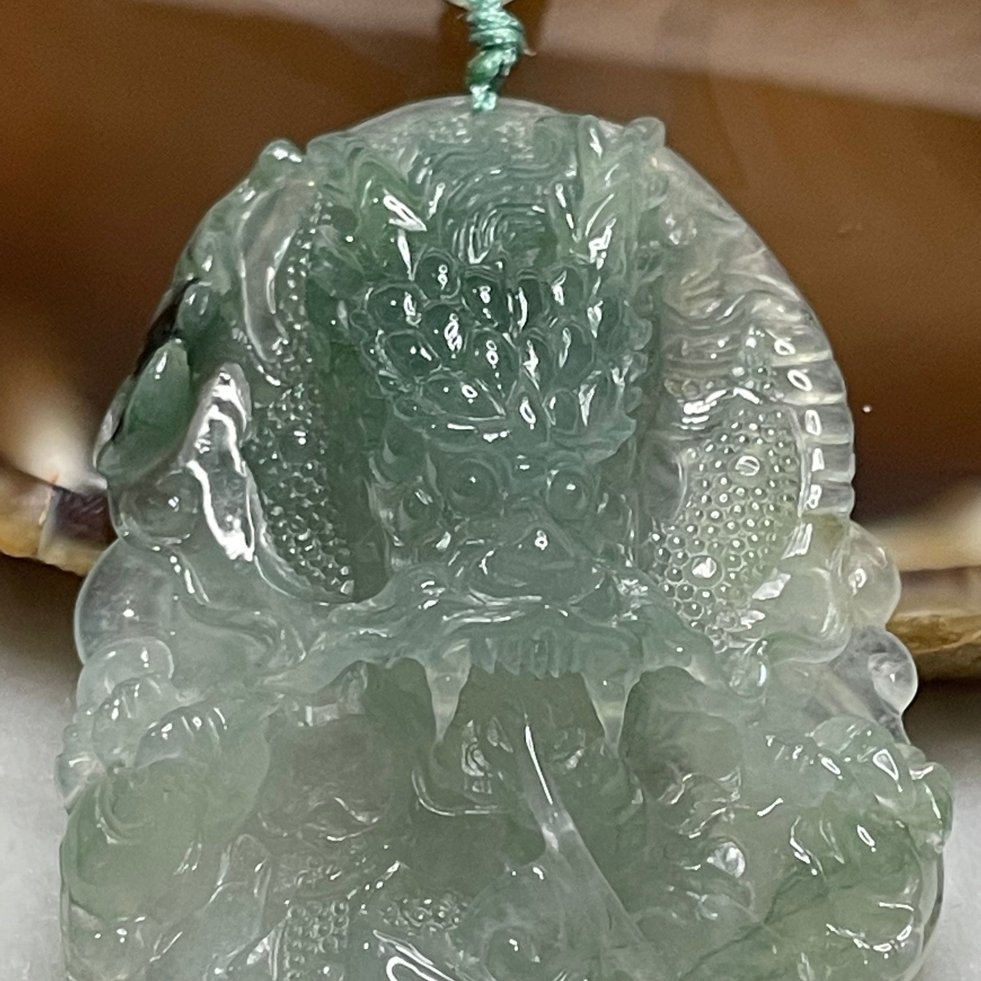 Rare Type A Icy Green Jade Jadeite Wealth Prosperity Dragon Pendant 35.02g 71.1 by 40.0 by 14.1mm - Huangs Jadeite and Jewelry Pte Ltd