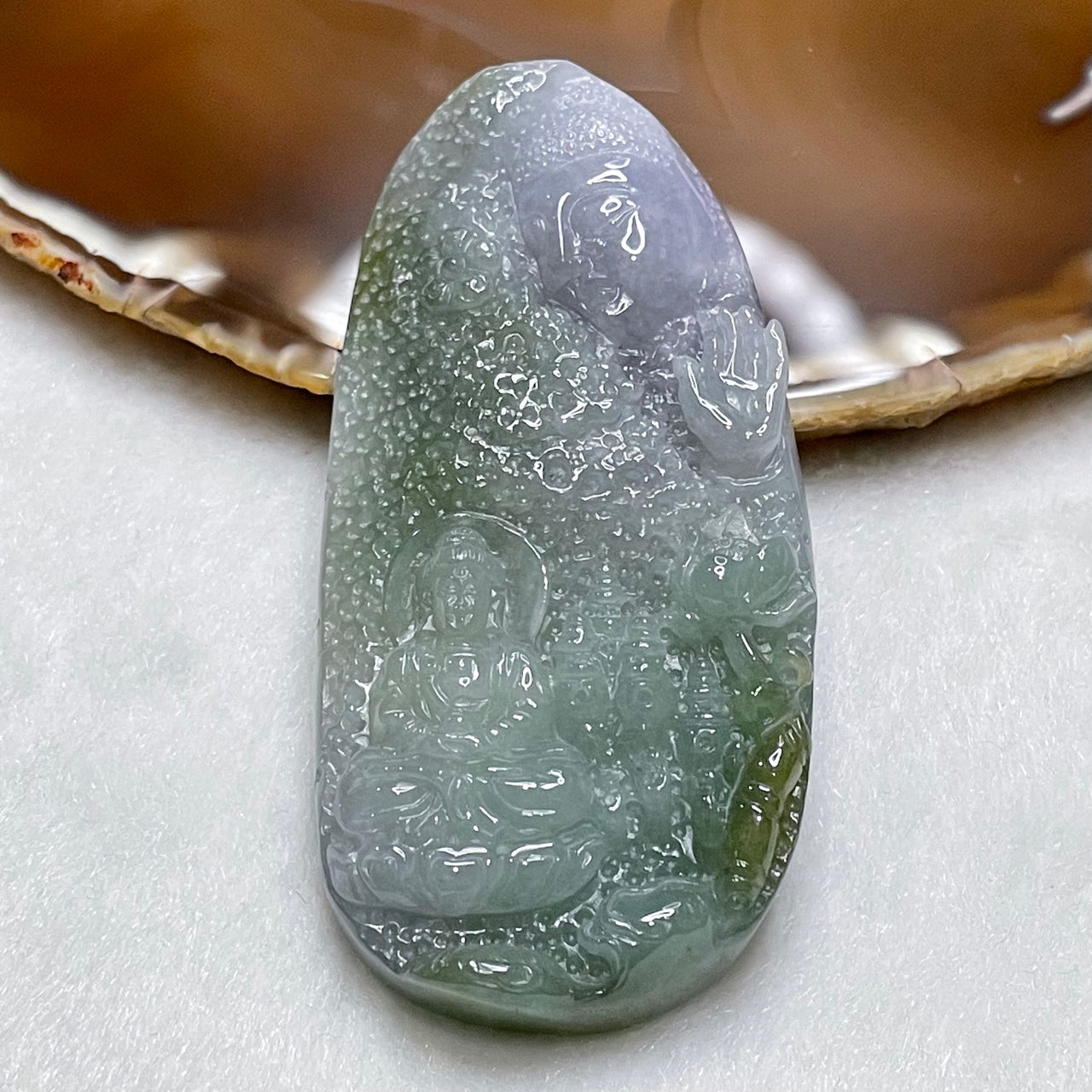 Type A Lavender & Green Buddha 悟 62.2g 75.5 by 36.8 by 11.4mm - Huangs Jadeite and Jewelry Pte Ltd