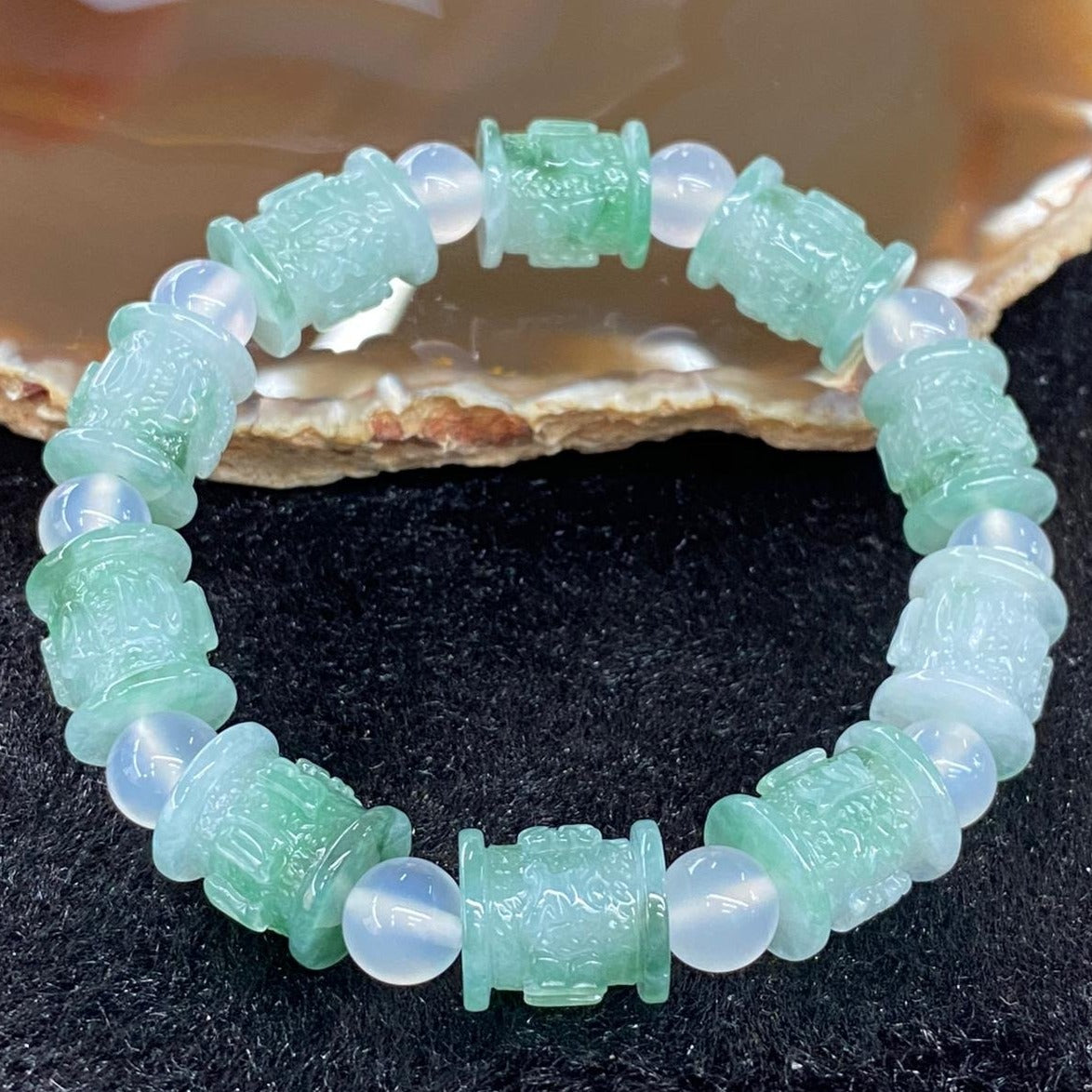 Type A Icy Burmese Jade Jadeite Om Mani Padme Hum Barrel with agate beads- 40.16g - Huangs Jadeite and Jewelry Pte Ltd