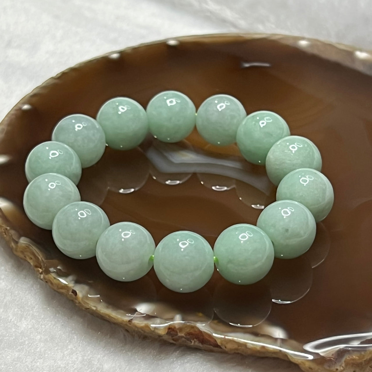 Type A Green Jade Jadeite Bracelet 78.45g 14.8mm/bead 14 beads - Huangs Jadeite and Jewelry Pte Ltd