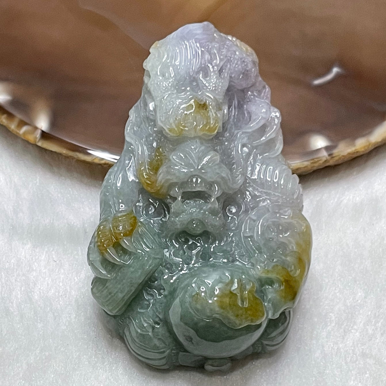 Type A Green, Lavender & Yellow Jade Jadeite Dragon Pendant - 123.3g 77.3 by 47.8 by 27.1mm - Huangs Jadeite and Jewelry Pte Ltd