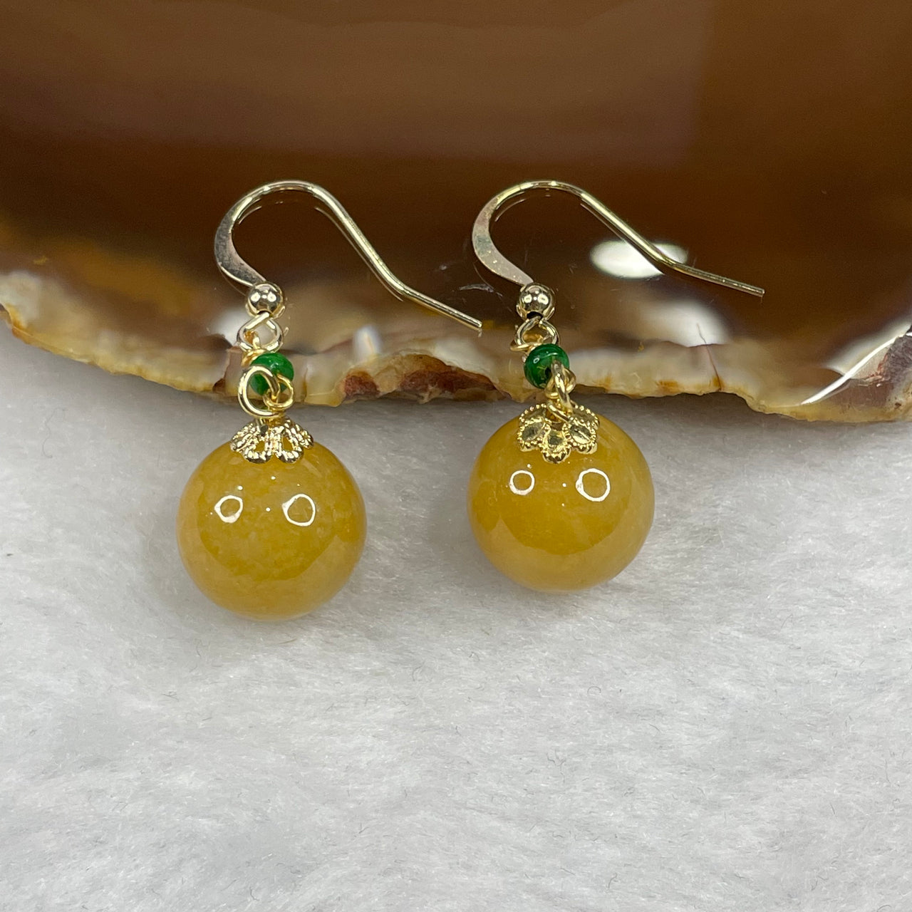 Type A Yellow Jade Jadeite Ball with 14k Gold Filled Earrings - 9.79g 13.8 by 13.8 by 13.8mm - Huangs Jadeite and Jewelry Pte Ltd