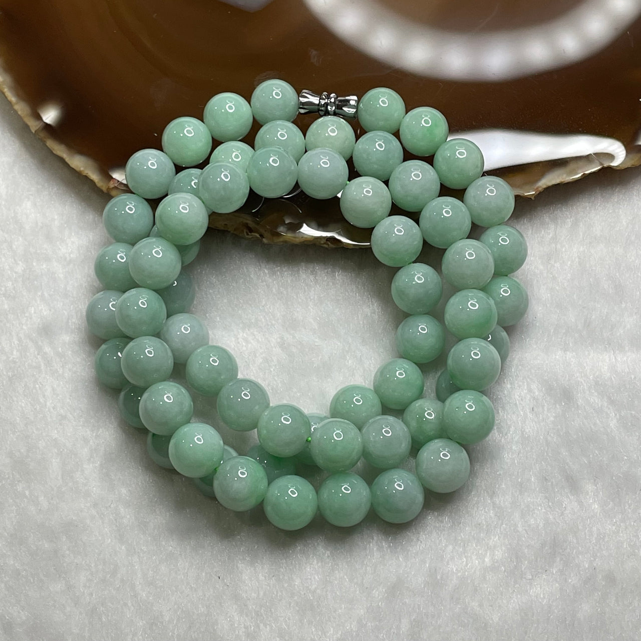 Type A Faint Apple Green Jade Jadeite Necklace 90.04g 9.6mm/bead 61 beads - Huangs Jadeite and Jewelry Pte Ltd