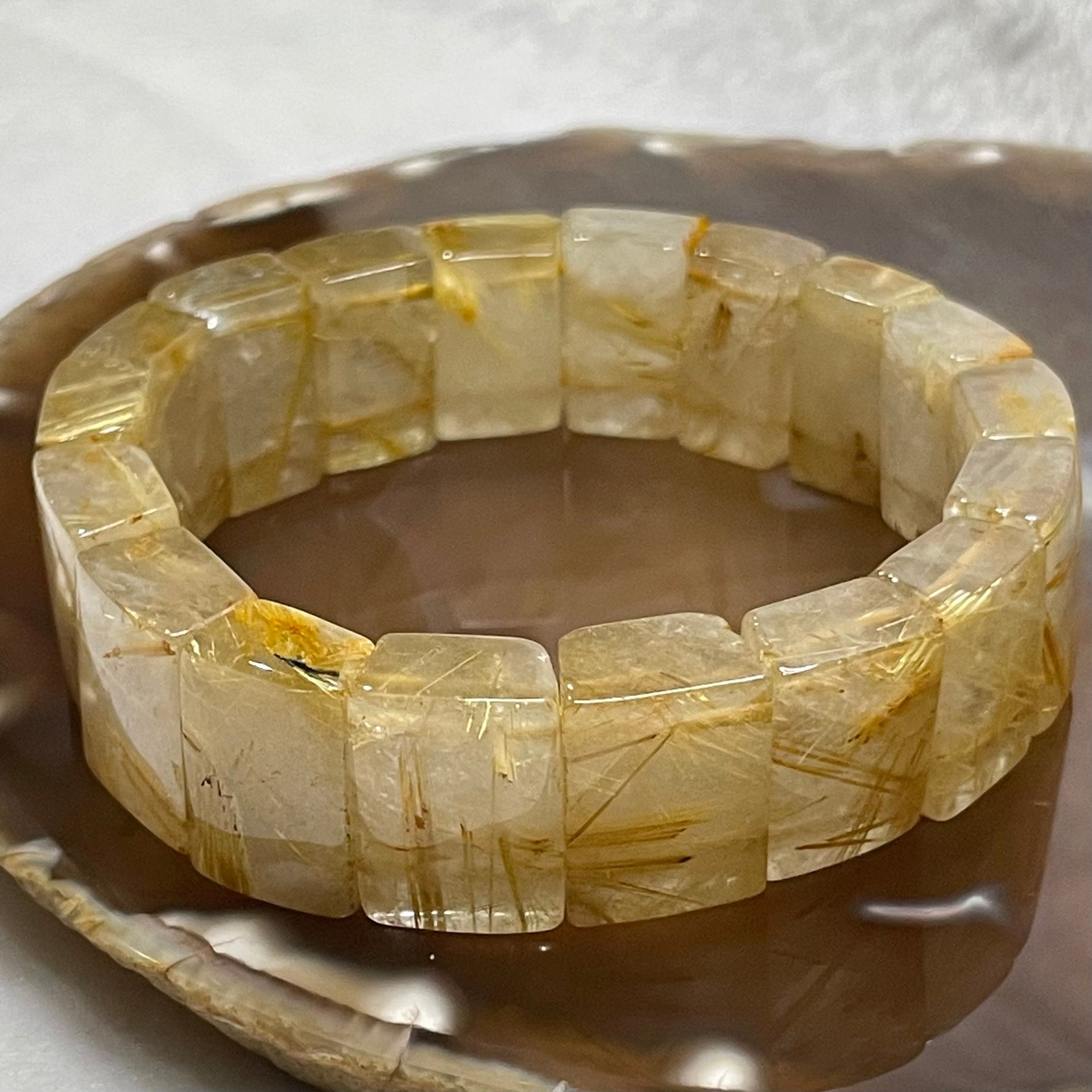 Natural Golden Rutilated Quartz Bracelet 手牌 - 74.17g 18.7 by 8.3mm/piece 18 pieces - Huangs Jadeite and Jewelry Pte Ltd