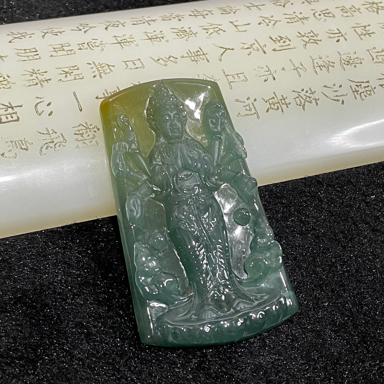 Type A Icy Yellow Blueish Green Thousand hands Guan Yin Jade Jadeite 38.55g 66.0 by 37.1 by 8.6mm - Huangs Jadeite and Jewelry Pte Ltd