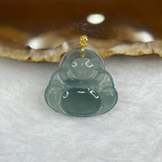 Type A Icy Blueish Green Jade Jadeite Milo Laughing Buddha with 18k Gold Clasp Pendant - 2.64g 20.3 by 21.9 by 3.8mm - Huangs Jadeite and Jewelry Pte Ltd