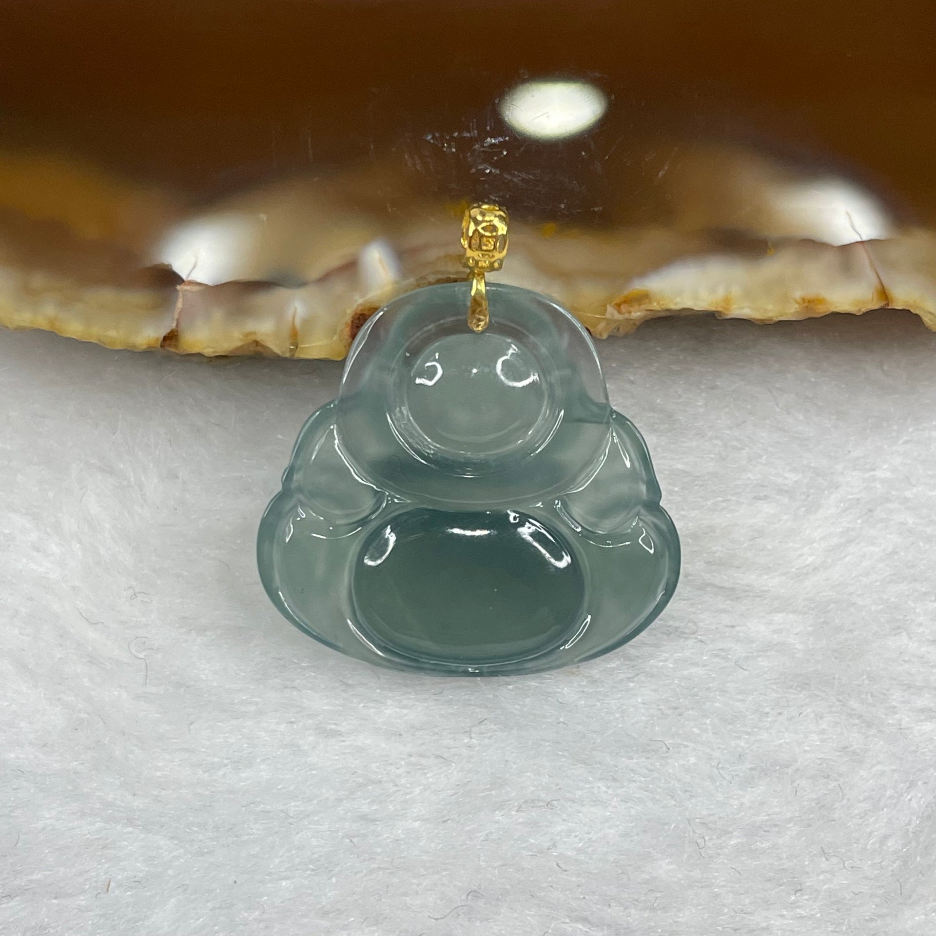 Type A Icy Blueish Green Jade Jadeite Milo Laughing Buddha with 18k Gold Clasp Pendant - 2.64g 20.3 by 21.9 by 3.8mm - Huangs Jadeite and Jewelry Pte Ltd