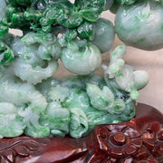 Type A 3 Green with Spicy Green Jadeite Hua Kai Fu Gui (prosperity & Happiness) Display 1260g 24.0 by 2.8 by 16.0cm with wooden stand 2935g 31.0 by 10.0 by 28.0cm - Huangs Jadeite and Jewelry Pte Ltd