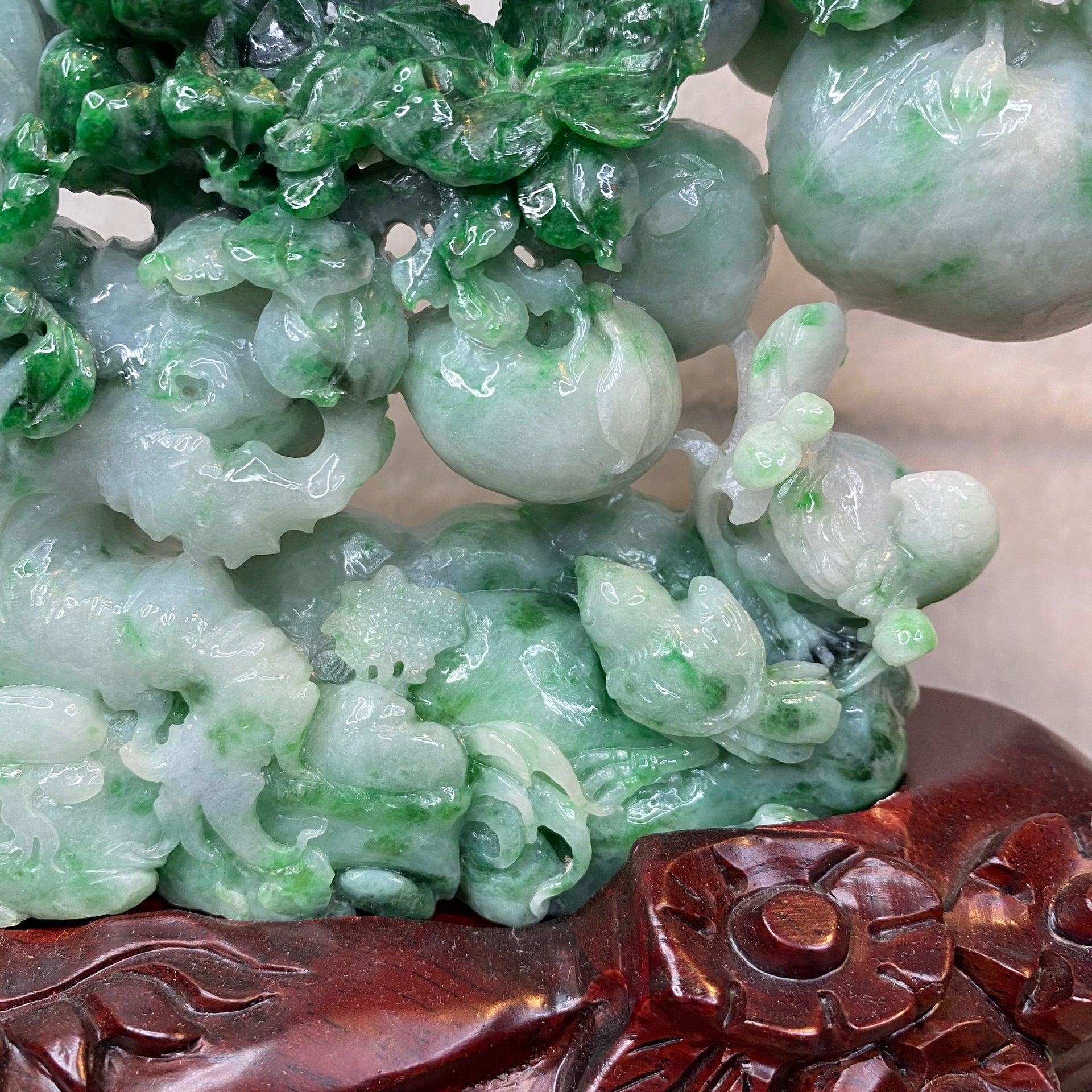 Type A 3 Green with Spicy Green Jadeite Hua Kai Fu Gui (prosperity & Happiness) Display 1260g 24.0 by 2.8 by 16.0cm with wooden stand 2935g 31.0 by 10.0 by 28.0cm - Huangs Jadeite and Jewelry Pte Ltd