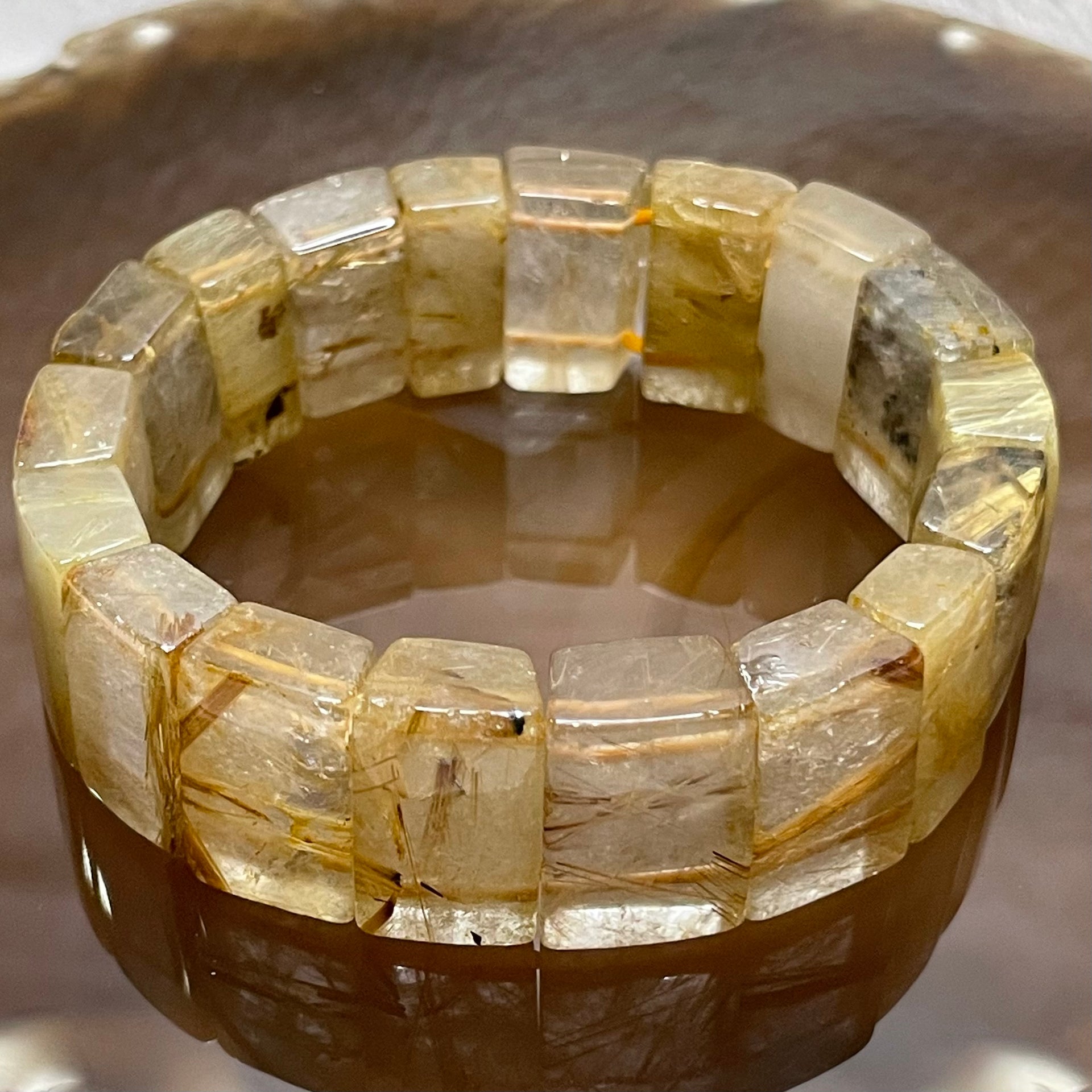 Natural Golden Rutilated Quartz Bracelet 手牌 - 62.93g 18.3 by 7.6mm/piece 18 pieces - Huangs Jadeite and Jewelry Pte Ltd