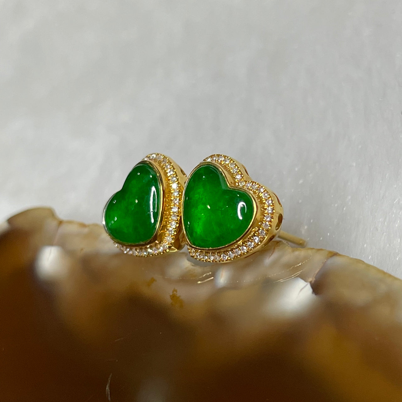 Type A Full Green Old Mine Jade Jadeite Heart Shaped Earrings 18k Yellow Gold 2.55g 9.9 by 10.8 by 5.1mm - Huangs Jadeite and Jewelry Pte Ltd