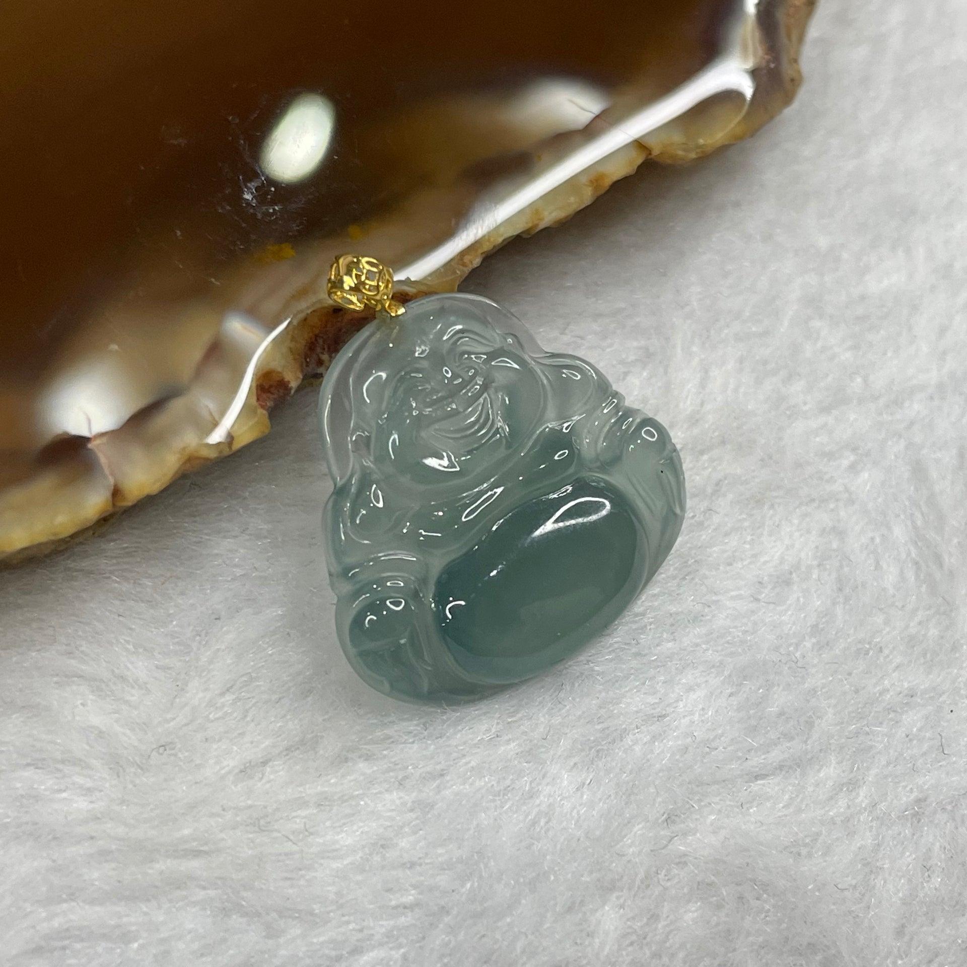 Type A Icy Blueish Green Jade Jadeite Milo Laughing Buddha with 18k Gold Clasp Pendant - 2.64g 20.3 by 21.9 by 3.8mm - Huangs Jadeite and Jewelry Pte Ltd